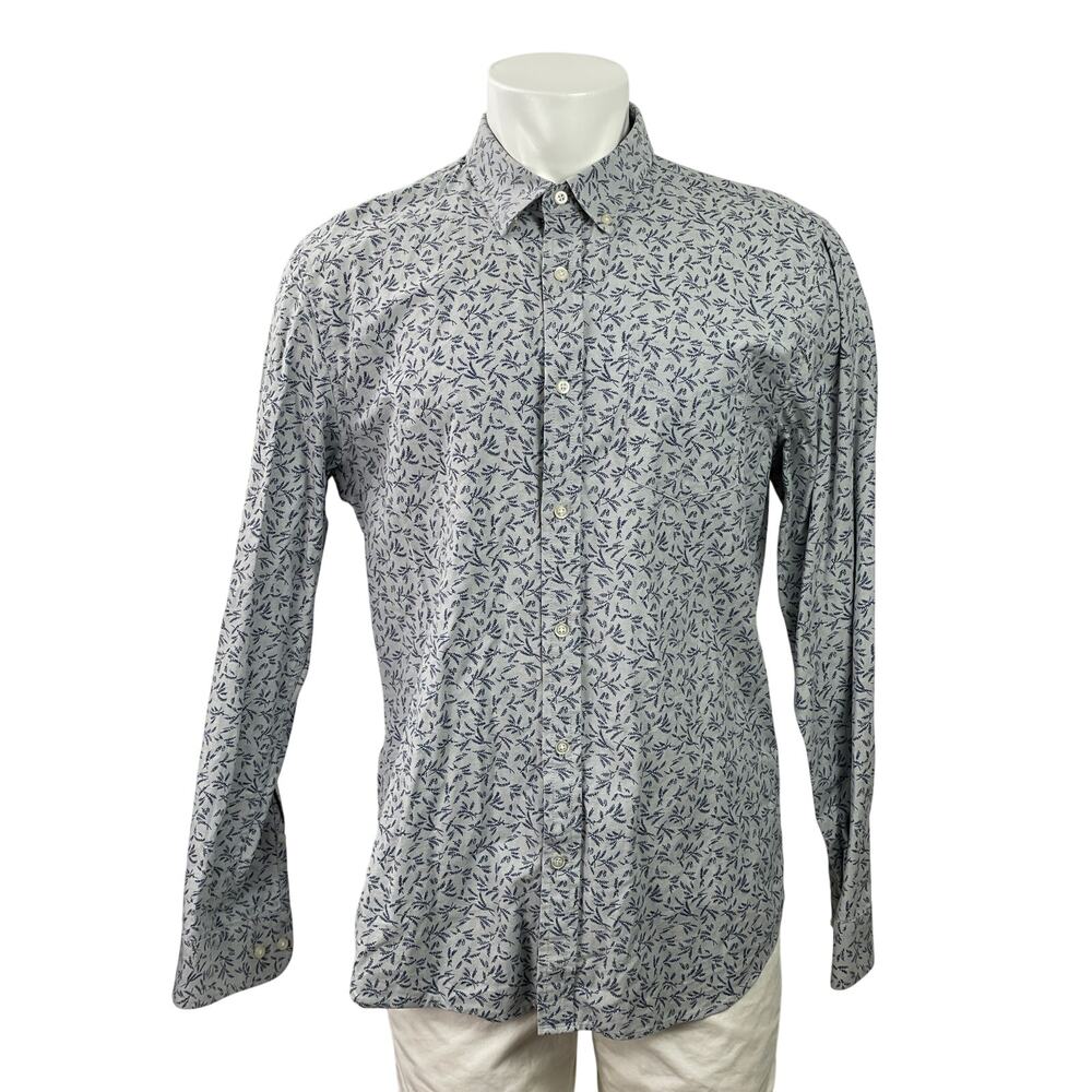 Banana Republic Men Gray Blue Leaf Slim Oxford Long Sleeve Button Up Shirt Top L